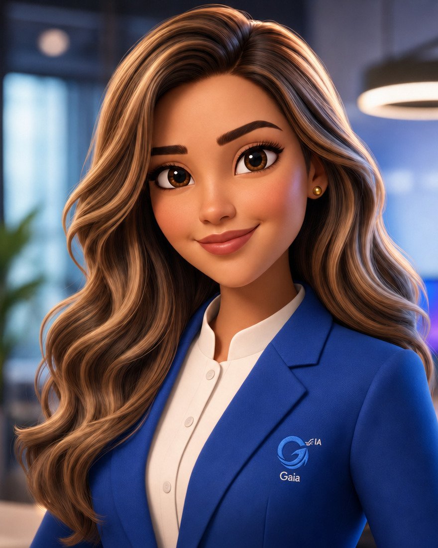 Retrato da Gaia, a gestora de IA, de blazer azul