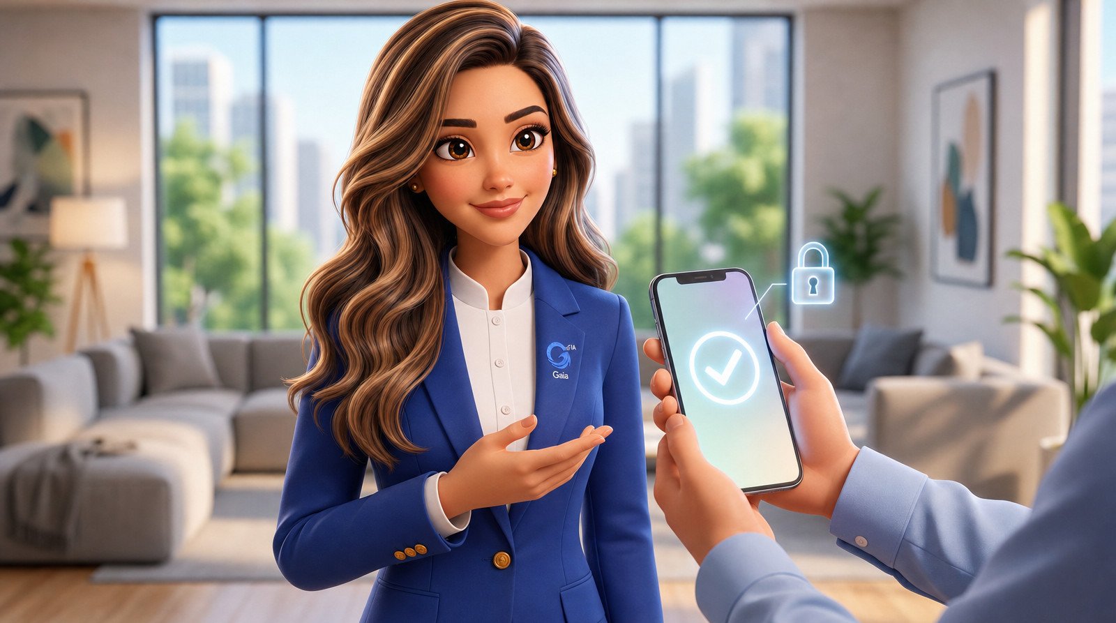 A Gaia mostrando uma aprovação simples no celular, com um cadeado discreto